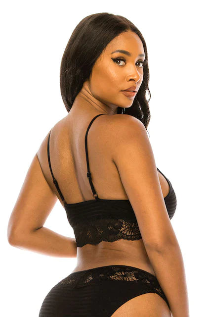 model with under wear and matching bra set in  black