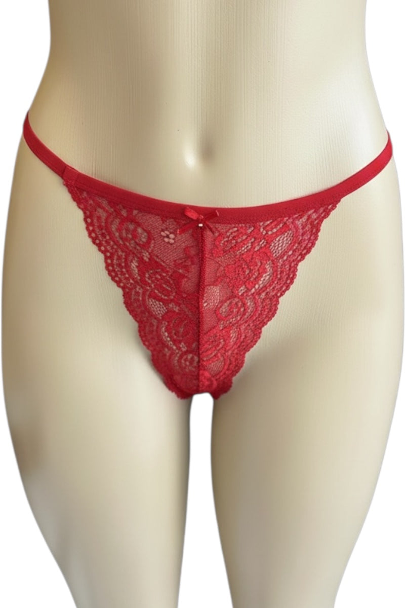 Red lace thong on a mannequin against a white background