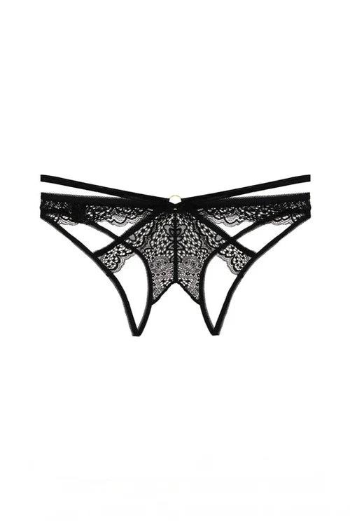 Black lace thong on a white background