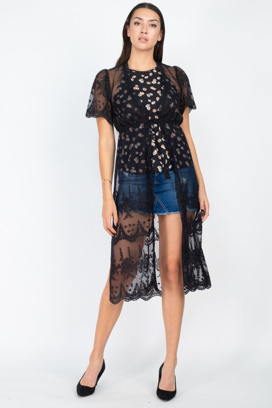 Self-Tie Lace Embroidered Kimono
