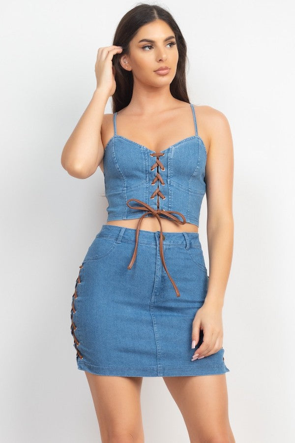 Lace-Up Denim Crop Top and Fitted Skirt Set