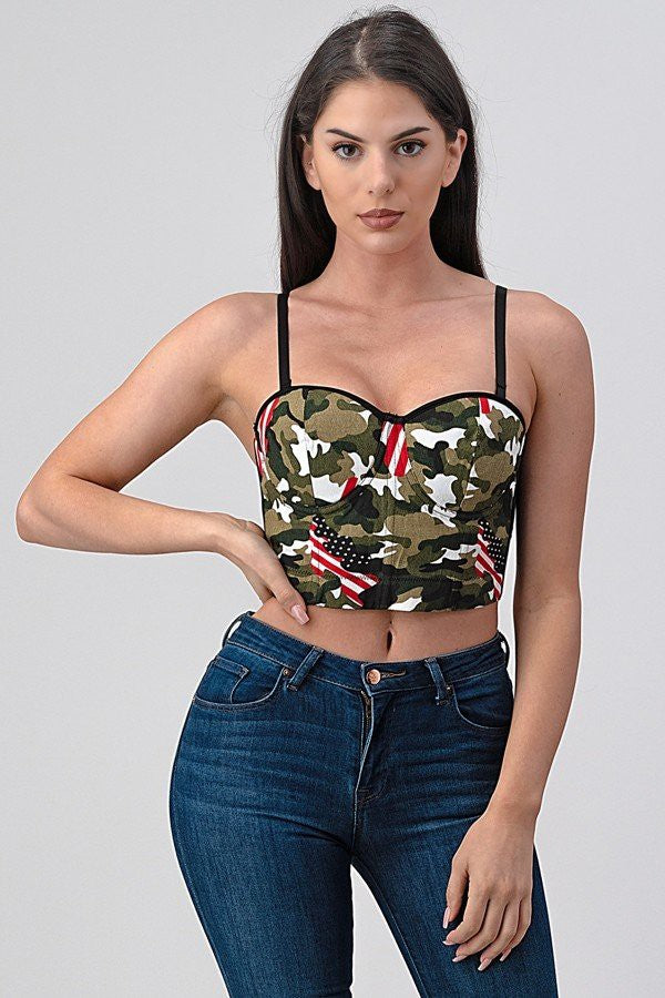 Denim Military Camouflage Flag Printed Crop Bustier Top
