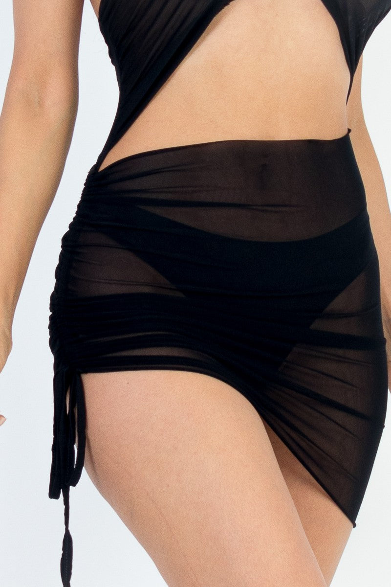 Mesh Crisscross Tie Open Back Ruched Dress - Black