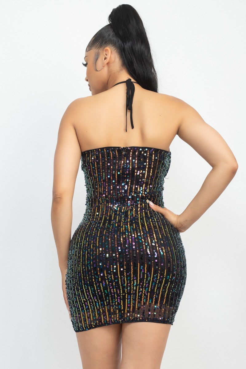 Keyhole Halter Neck Sequin Dress - Black