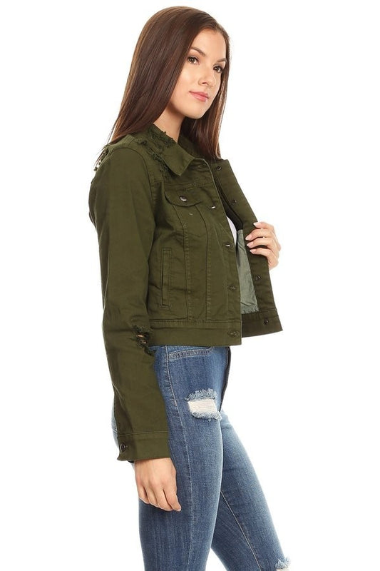 Distressed Denim Jacket - Olive