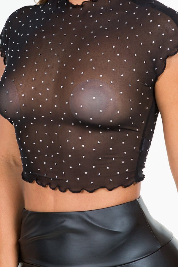 Diamond Studdded Mesh Crinkle Top