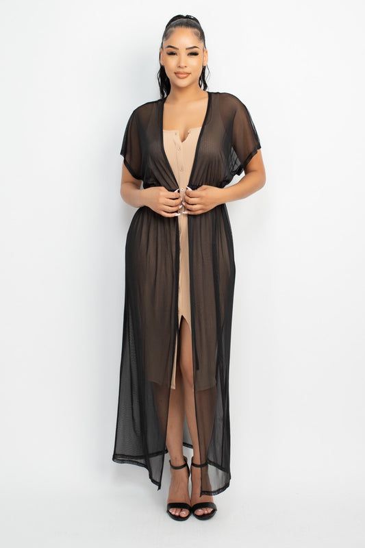 Drawstring Sheer Mesh Kimono