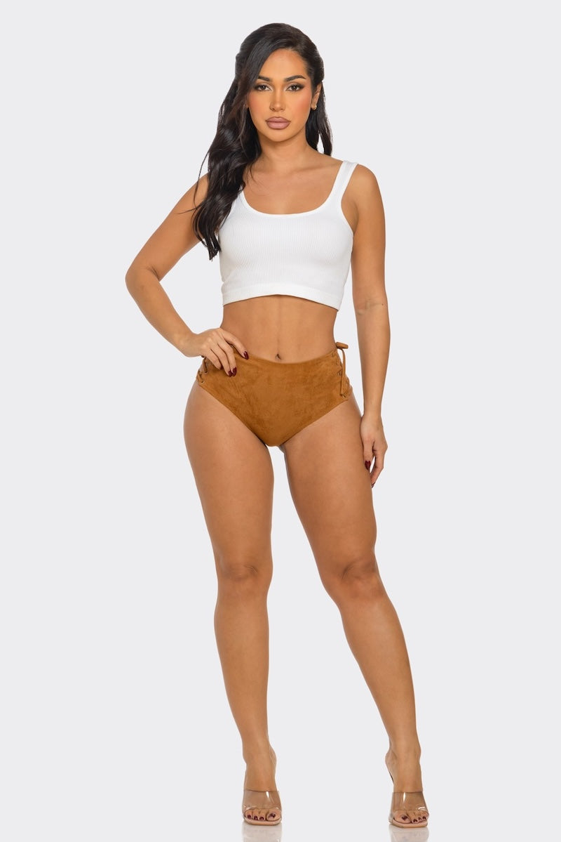 Solid Suede Lace Up Panty Shorts
