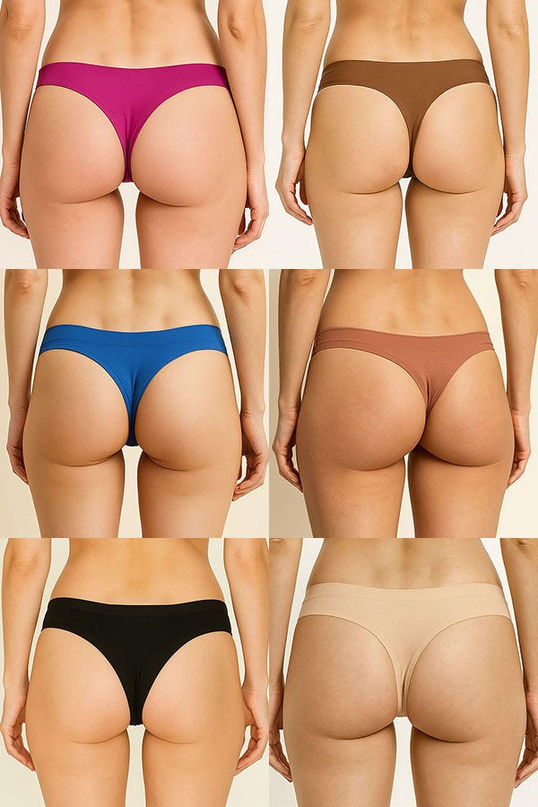 Collage of different colored underwear worn by a person on a plain background