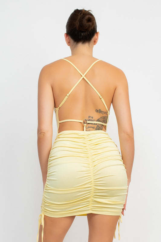 Side Drawstring Crossed Back Mini Dress