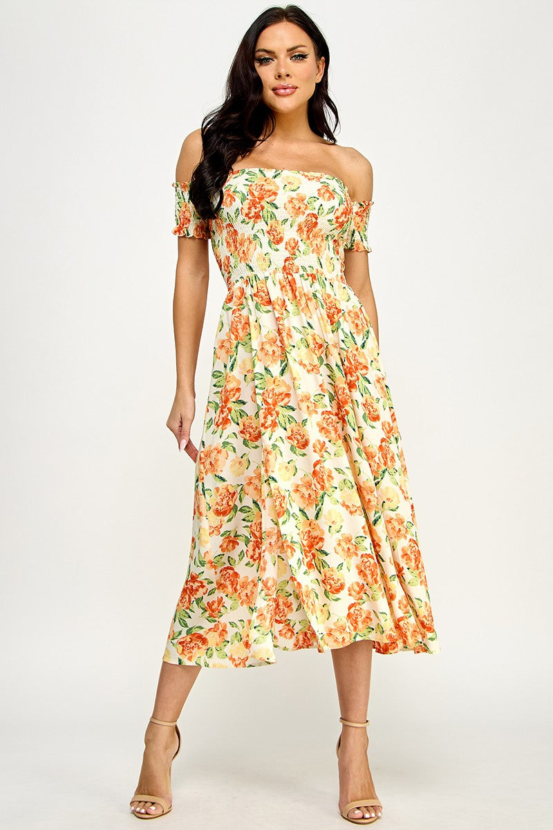 Floral Print Off Shoulder Side Slit Dress - Orange
