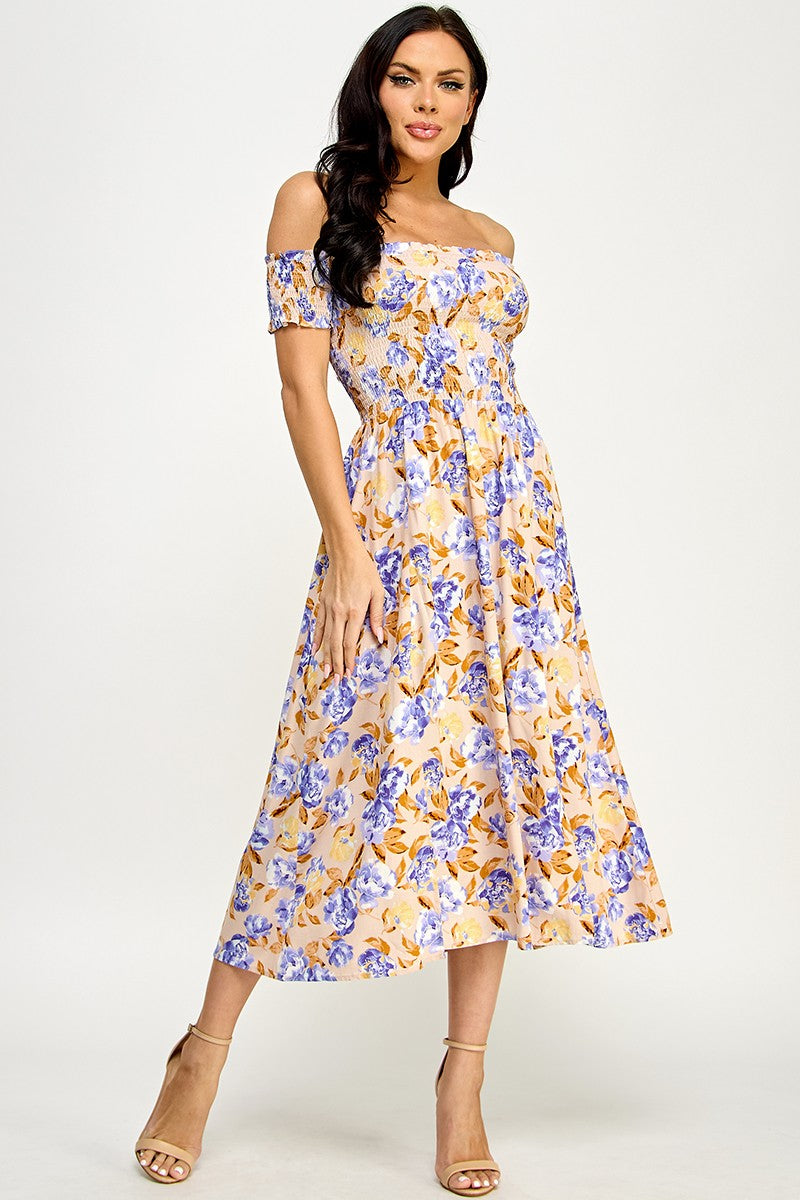 Floral Print Off Shoulder Side Slit Dress - Blue