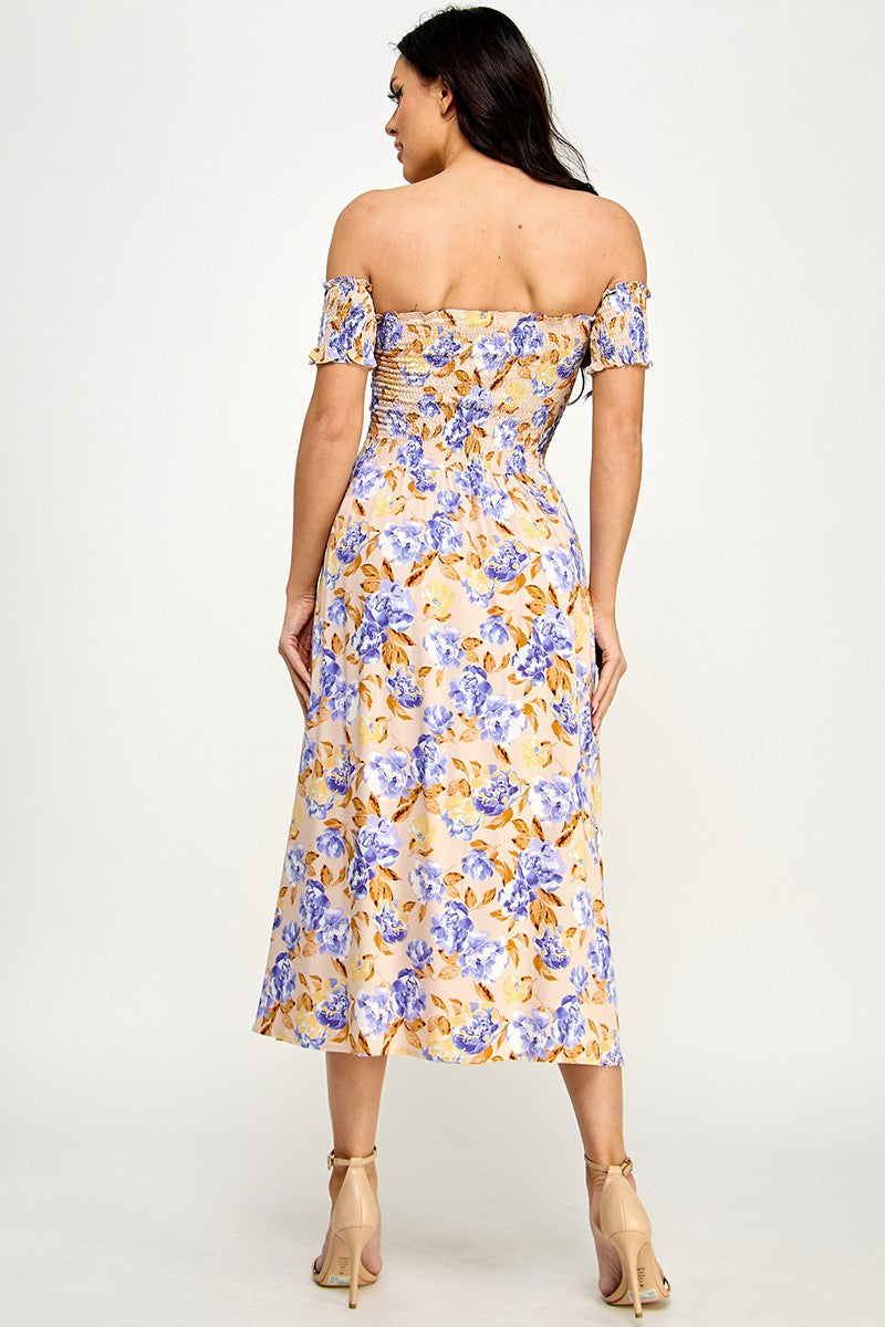 Floral Print Off Shoulder Side Slit Dress - Blue