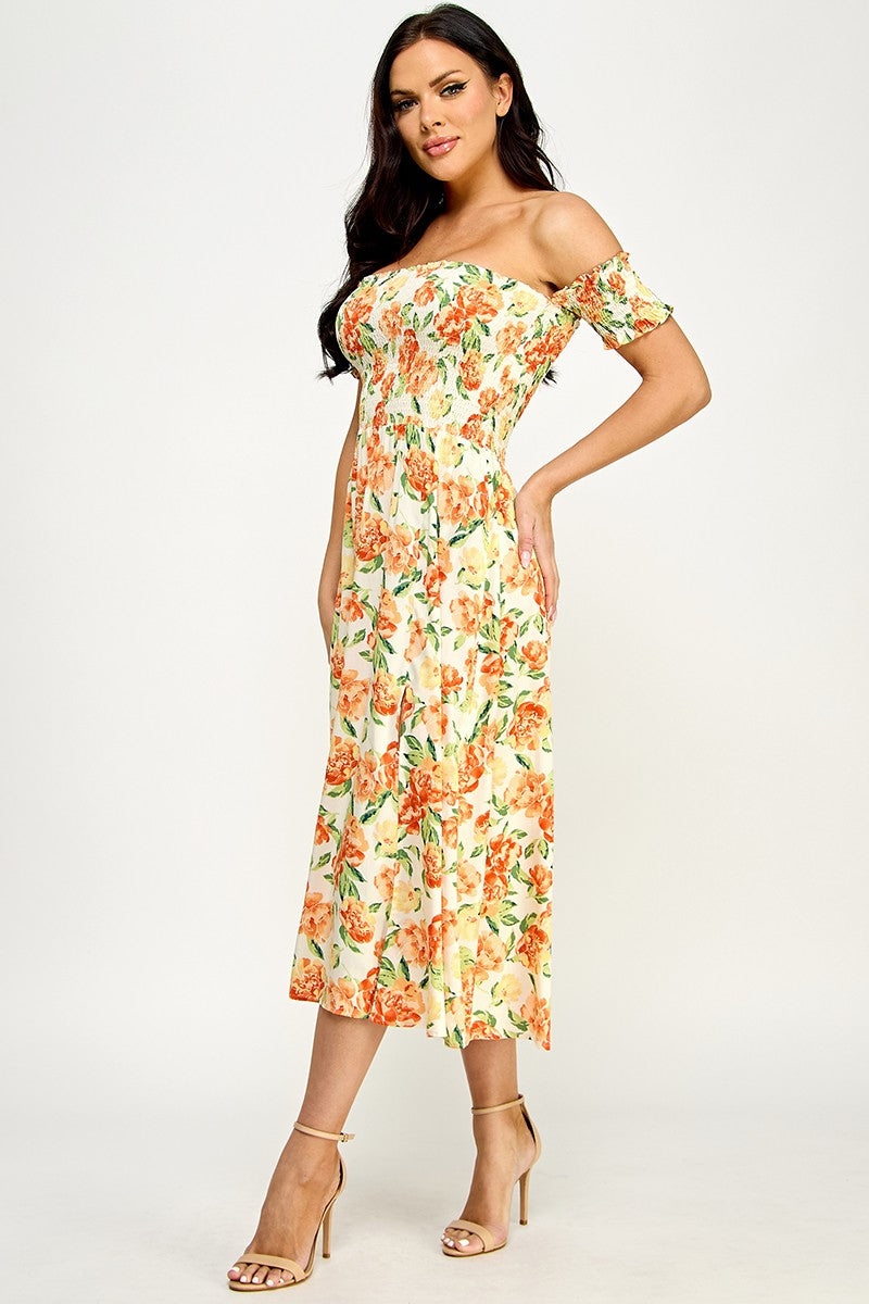 Floral Print Off Shoulder Side Slit Dress - Orange