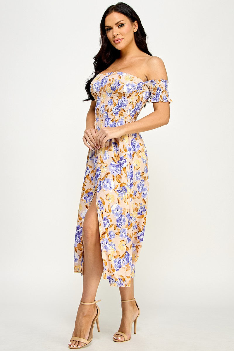Floral Print Off Shoulder Side Slit Dress - Blue