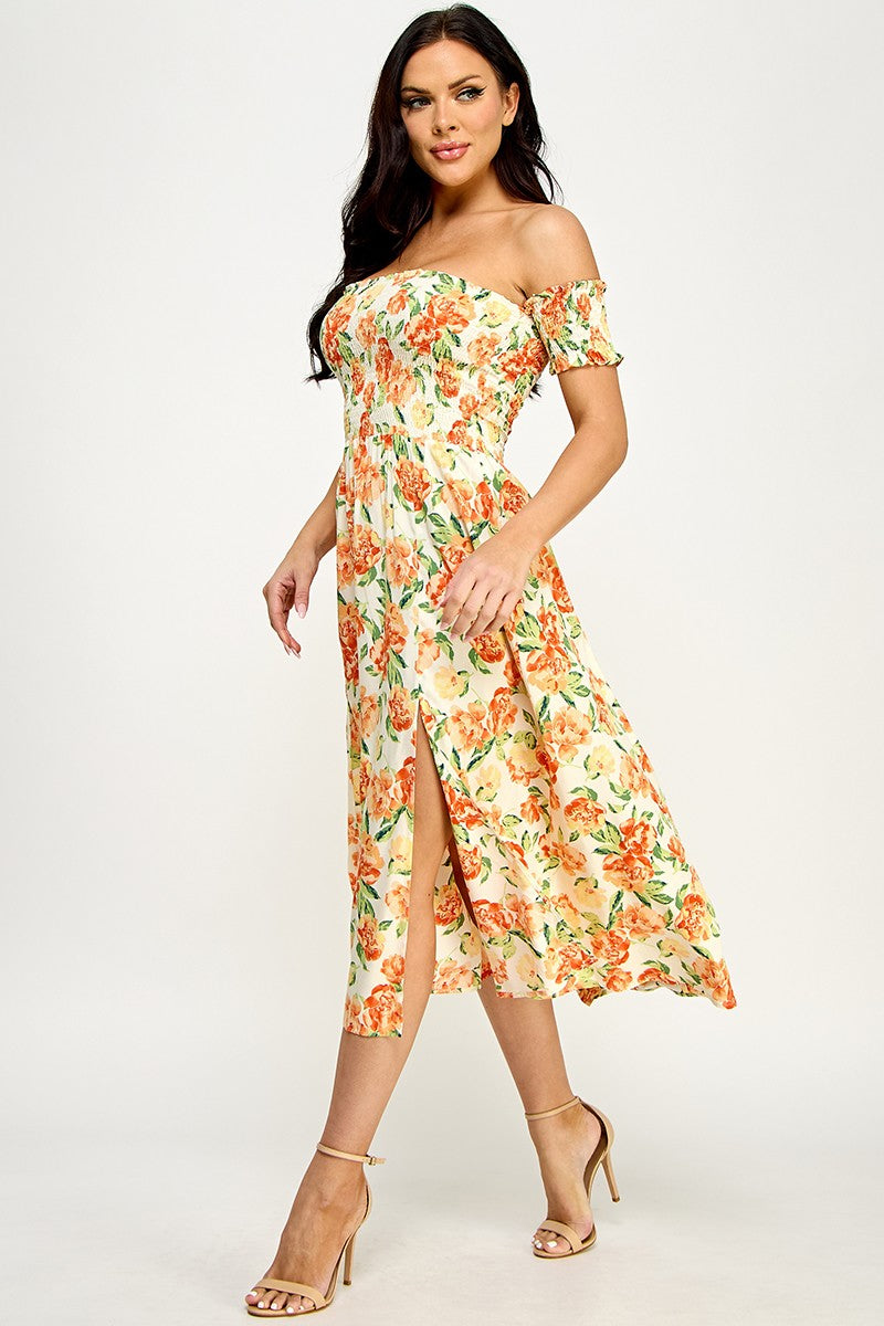 Floral Print Off Shoulder Side Slit Dress - Orange
