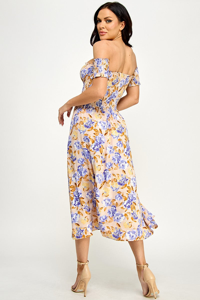 Floral Print Off Shoulder Side Slit Dress - Blue