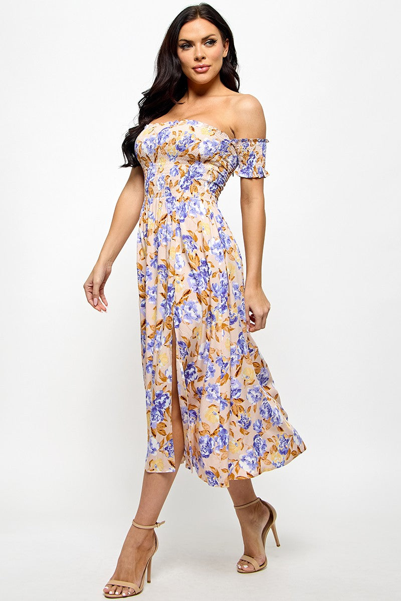 Floral Print Off Shoulder Side Slit Dress - Blue