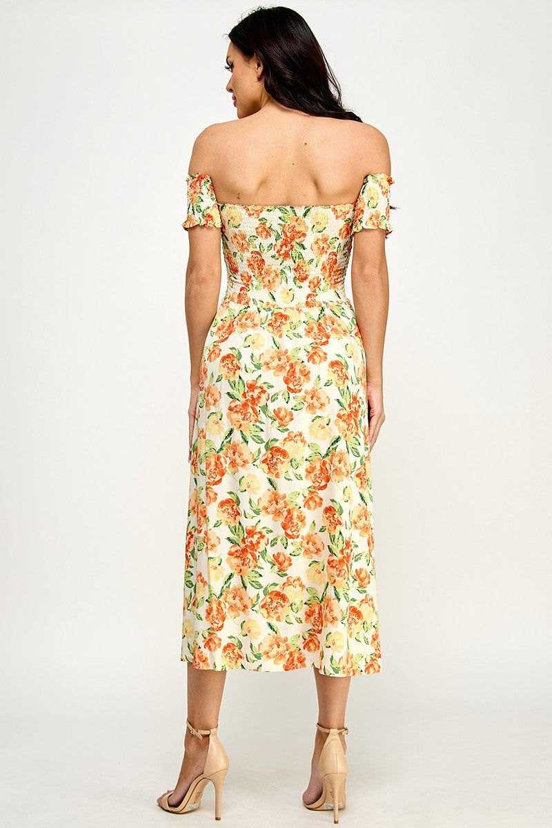 Floral Print Off Shoulder Side Slit Dress - Orange