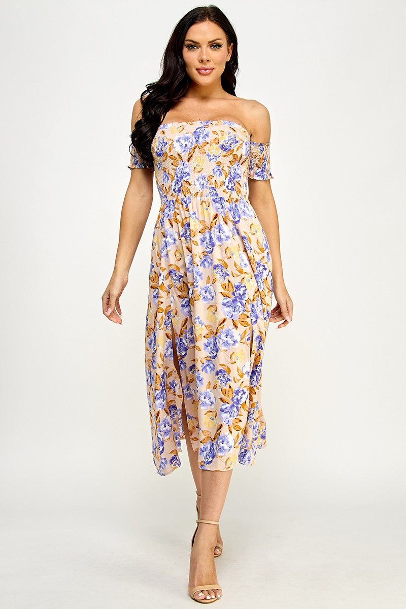 Floral Print Off Shoulder Side Slit Dress - Blue