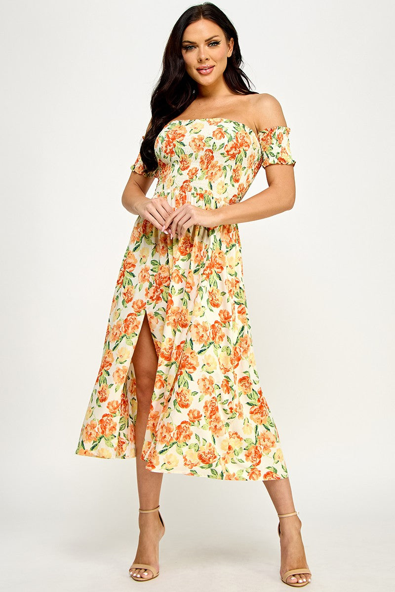 Floral Print Off Shoulder Side Slit Dress - Orange