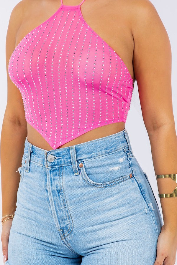 Rhinestone Mesh Crop Top