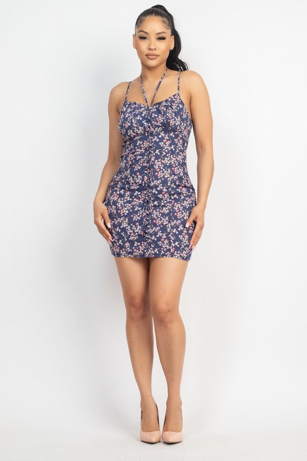 Front-Tie Floral Bodycon Dress