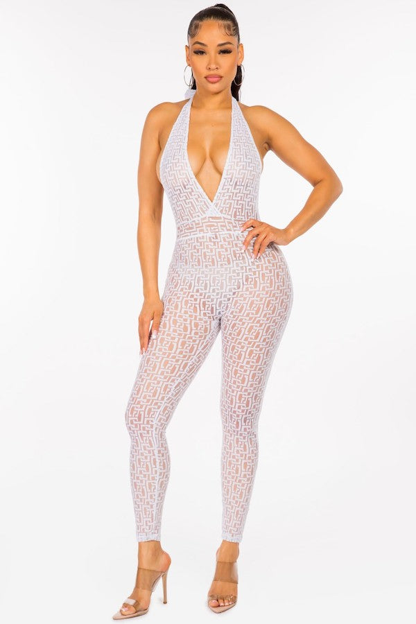 Sheer Halter Tie Backless Jumpsuit