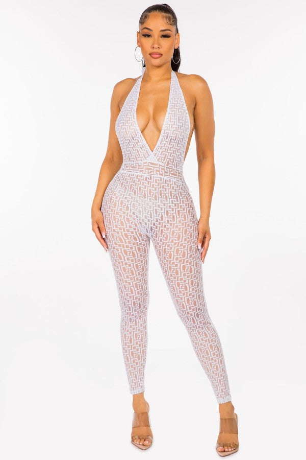 Sheer Halter Tie Backless Jumpsuit