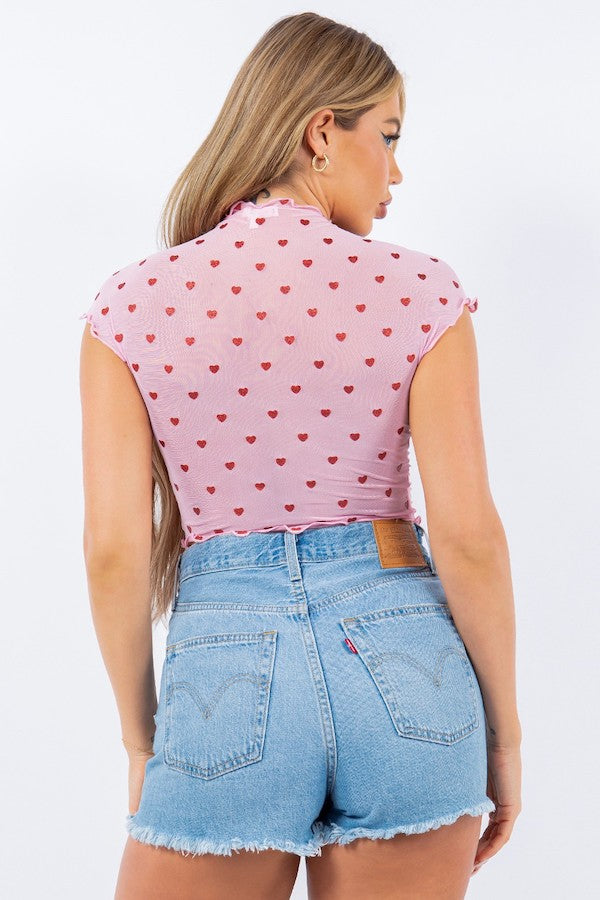 Embroidered Glitter Hearts Mesh Top