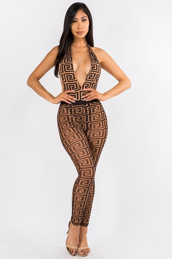 Bodysuit Lined Mesh Print Leggings Set