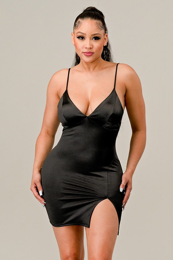 Solid Satin Dress with Side Slit