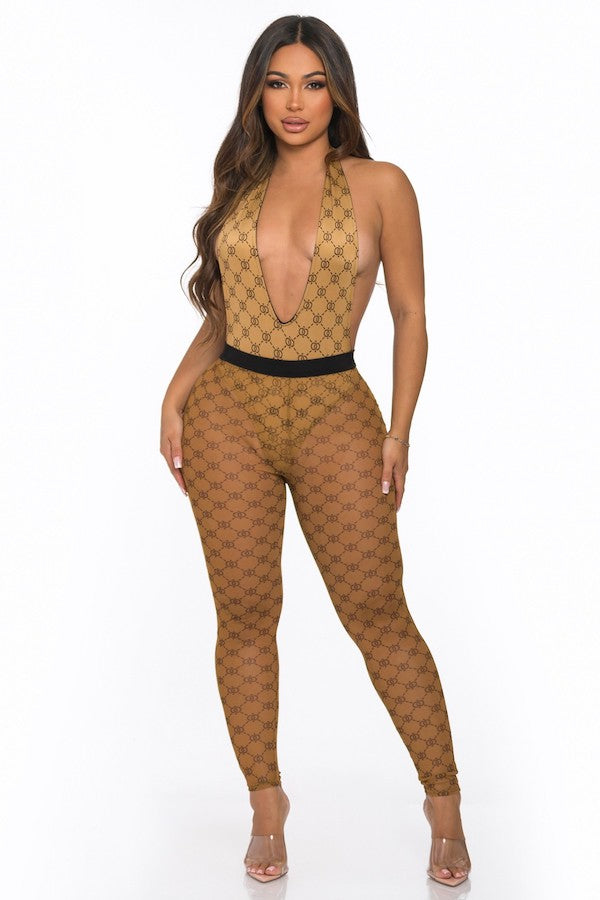 Bodysuit Lined Mesh Print Leggings Set
