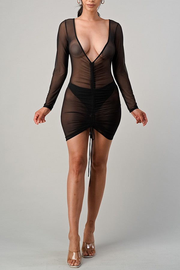 Mesh Drawstring Cover Up Dress