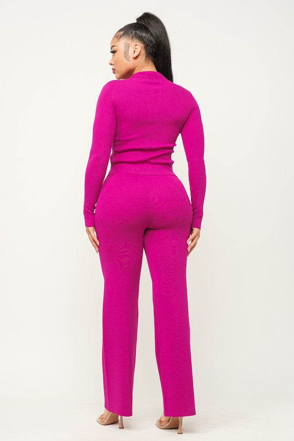 2 Piece 2 Way Zipper Top & Wide Pants Set