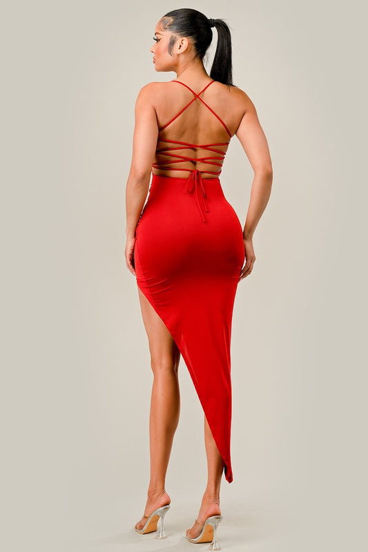 Asymmetrical Side Slit Dress W/ Crossed Back - Red