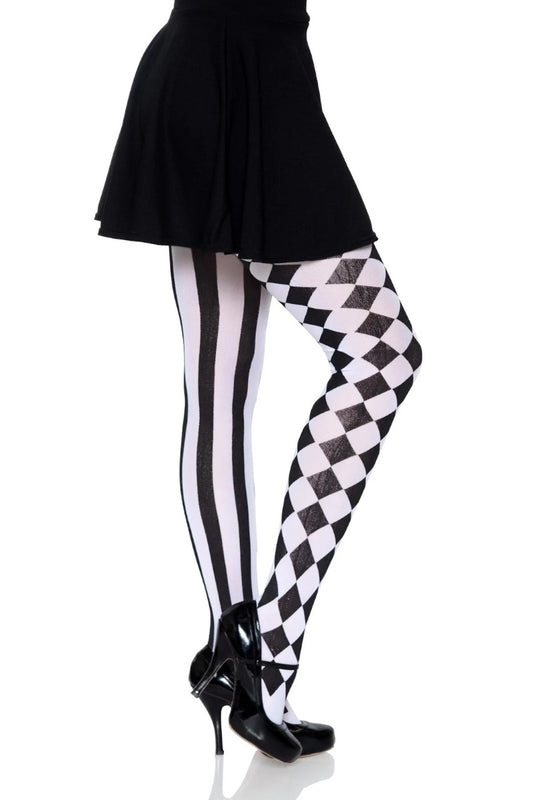 Black and white patterned tights worn with a black skirt and black high heels, shown from the waist down on a white background.