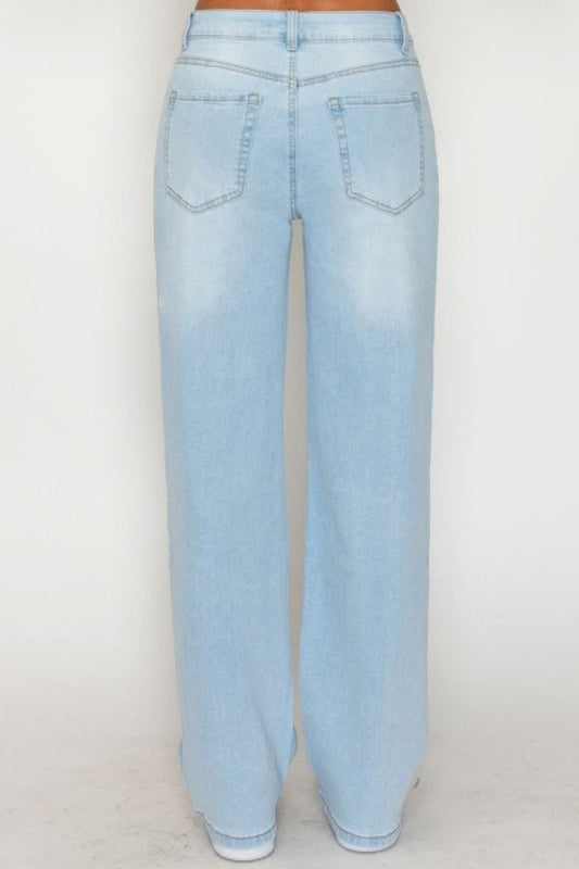Light blue straight-leg denim jeans shown from the back, featuring a faded wash and standard back pocket design, worn by a model against a plain white background.