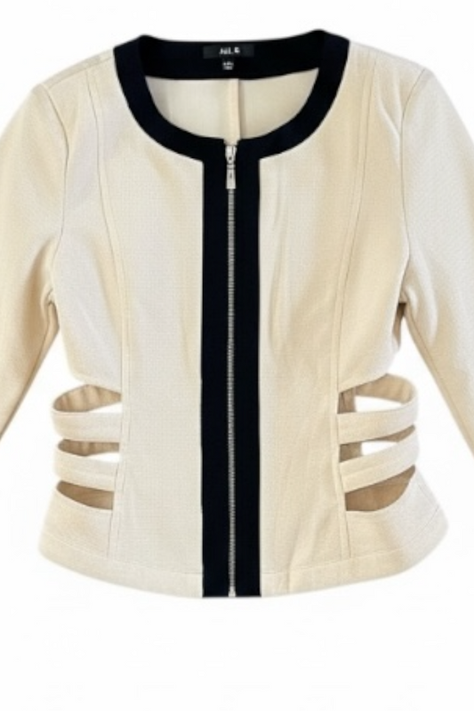 Beige jacket with black zipper and cut-out design on a white background