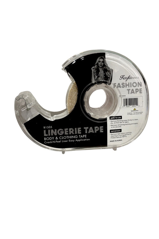 A roll of Kayla's Fashion Tape Lingerie Tape in a clear plastic dispenser with a black and white label, shown on a plain white background.