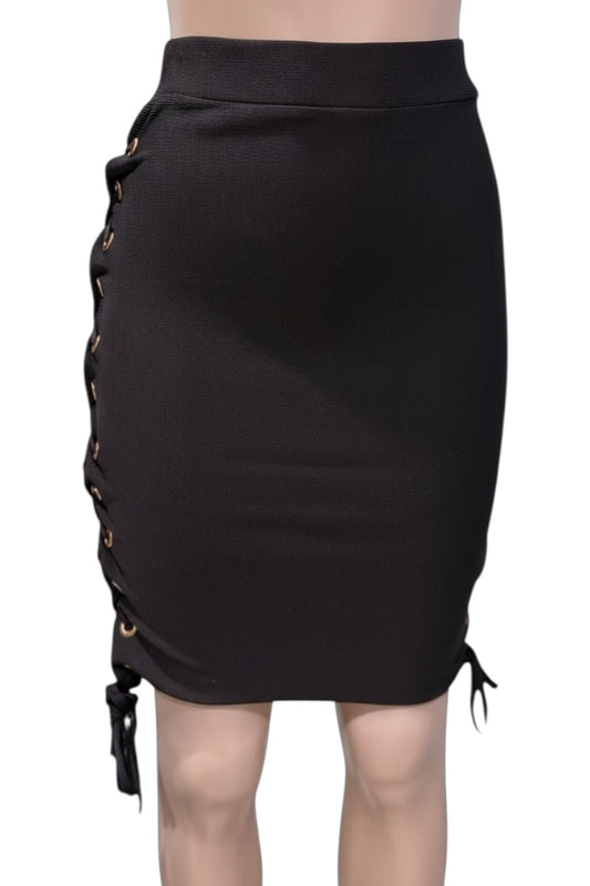 Black skirt with lace-up sides on a white background