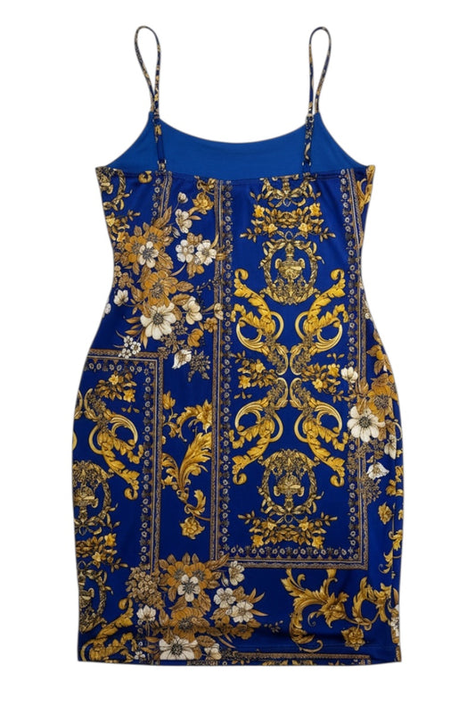 Blue dress with gold and white floral pattern on a white background