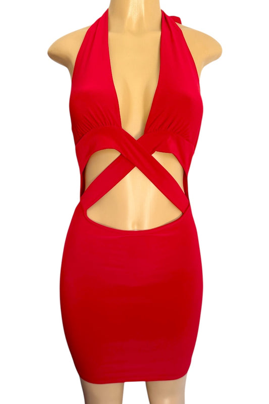 Red dress with cut-out design on a mannequin against a white background