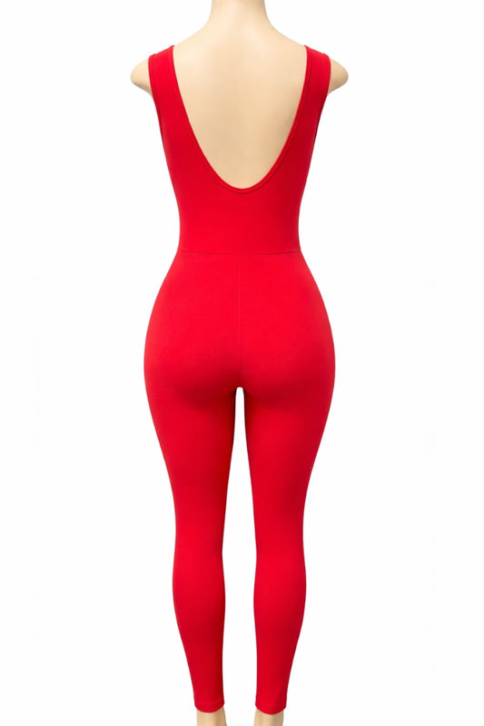 Red jumpsuit on a mannequin against a white background