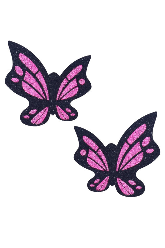 Two pink butterfly-shaped pasties on a white background