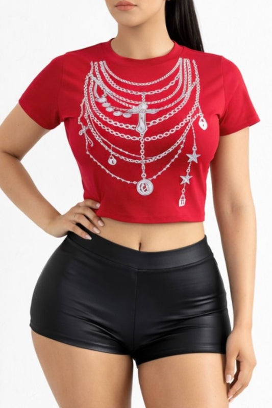 Red Layered Chain Graphic Crop Top on a model