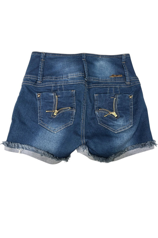 Blue denim shorts with frayed hem on a white background