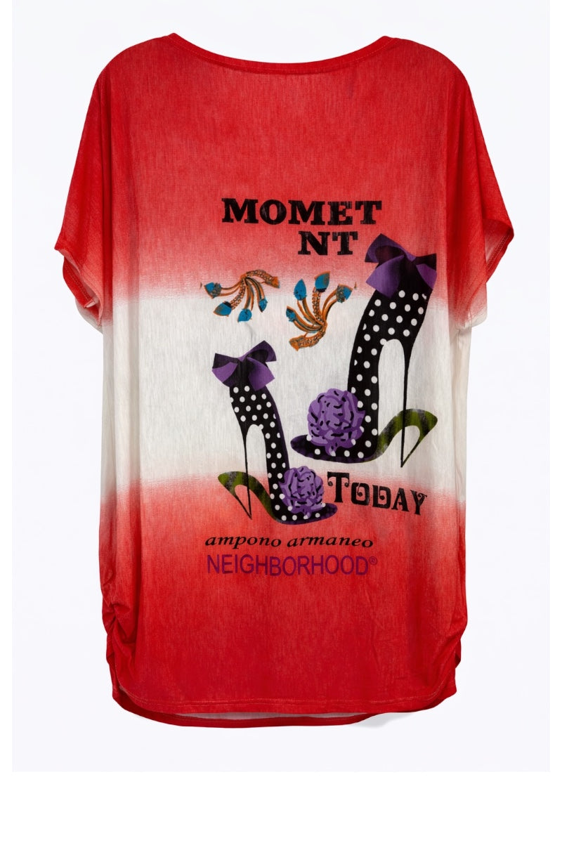 Red and white gradient t-shirt with high-heeled shoe design and text on a white background