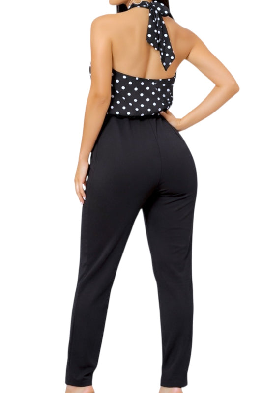 Polka Dot Halter Jumpsuit on a model on a white background