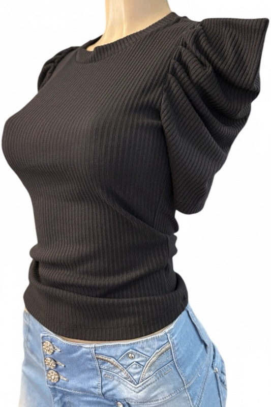 Black ribbed top with puffed shoulders on a mannequin against a white background